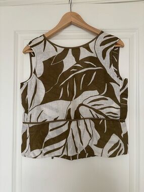 MARELLA Olive and White Leaf-Print Sleeveless 100% Linen Top, 4